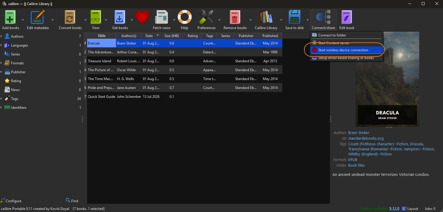 Step 1: Click Connect share and Start wireless device connection in Calibre